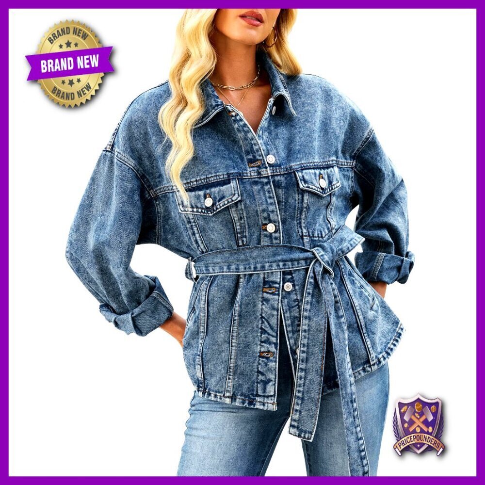 Oversized Denim Jacket with Belt Boyfriend Fit Button Down Long Sleeve